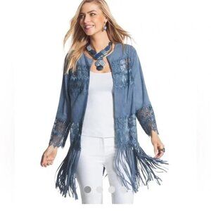 Chicos Sz S US Faux Suede Fringe Lace Open Front Jacket RAA10423 Blue NWT